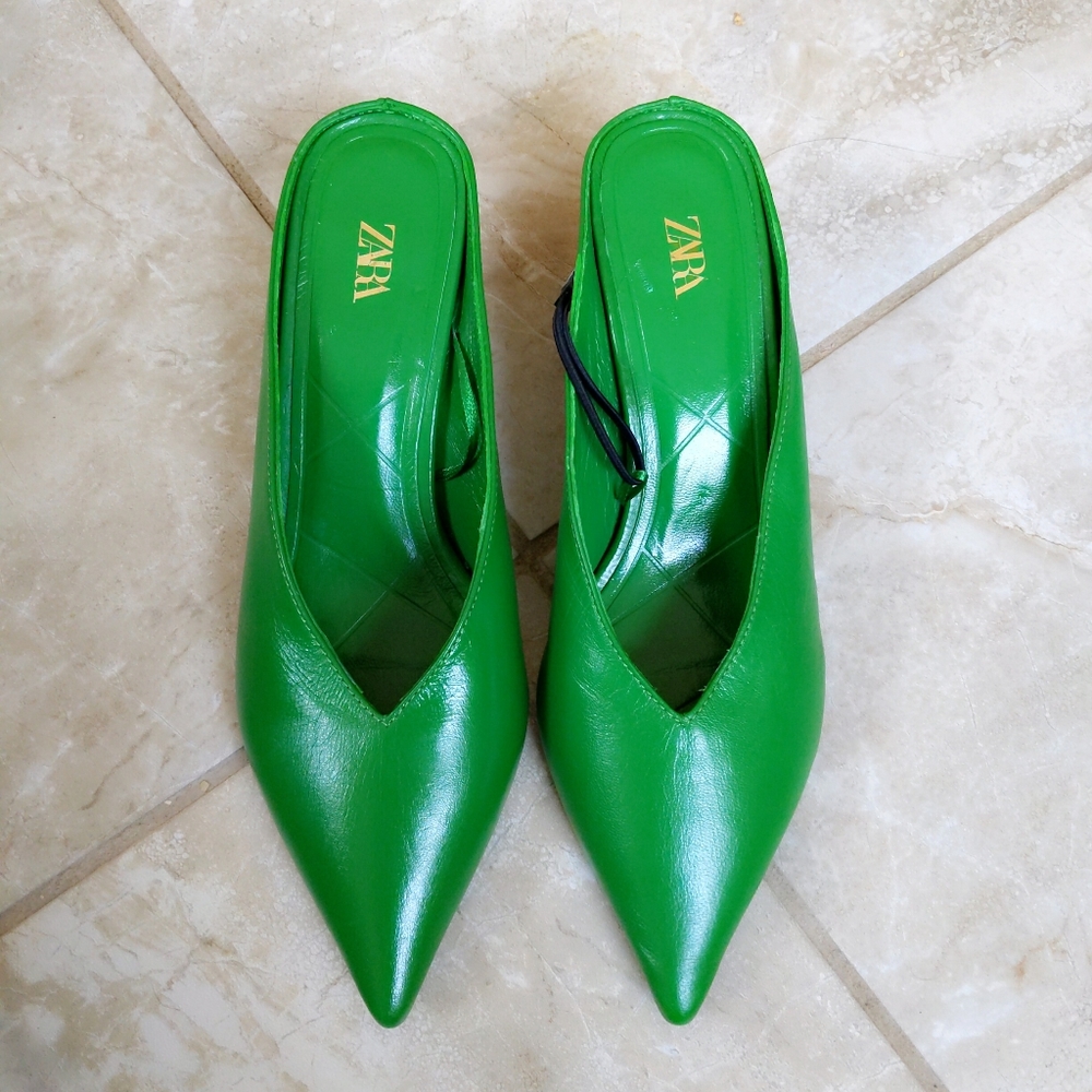 Rare! 🎉HP🎉 Zara Kelly Kermit Green Leather Pointy Toe Mules 38 39 - Picture 5 of 9